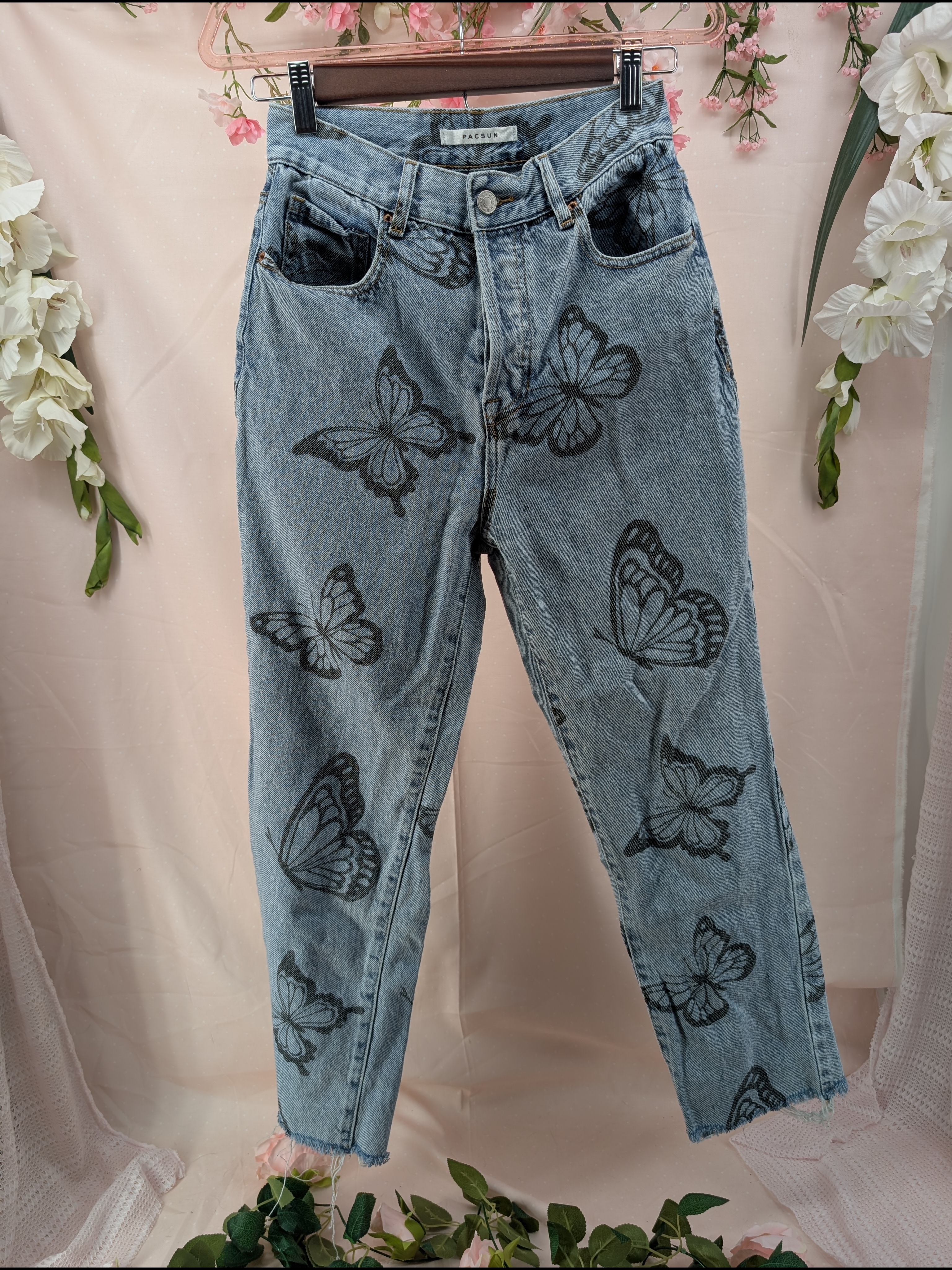 Pacsun Blue Washed Butterfly Print High-Rise Jeans